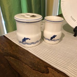 Hand-painted, toothbrush holder, soap dish  and rinse cup from Portugal.